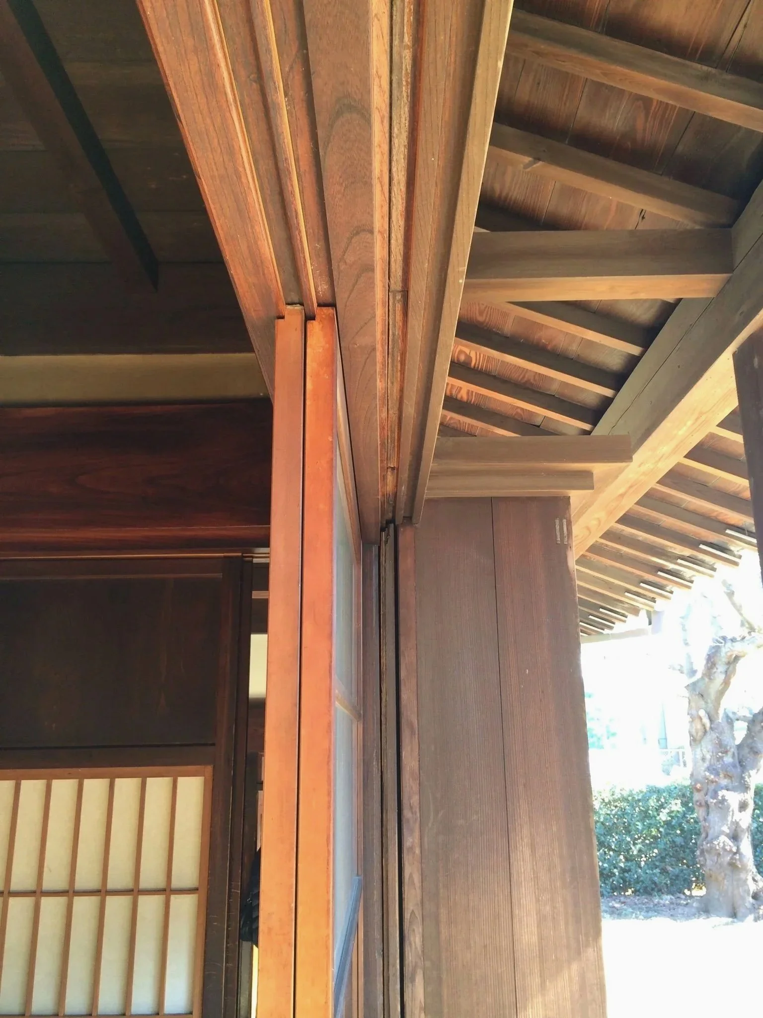 木製の天井と壁の内部構造の写真。梁と柱が見える古風な建築内部の天井。外の風景も一部見える.