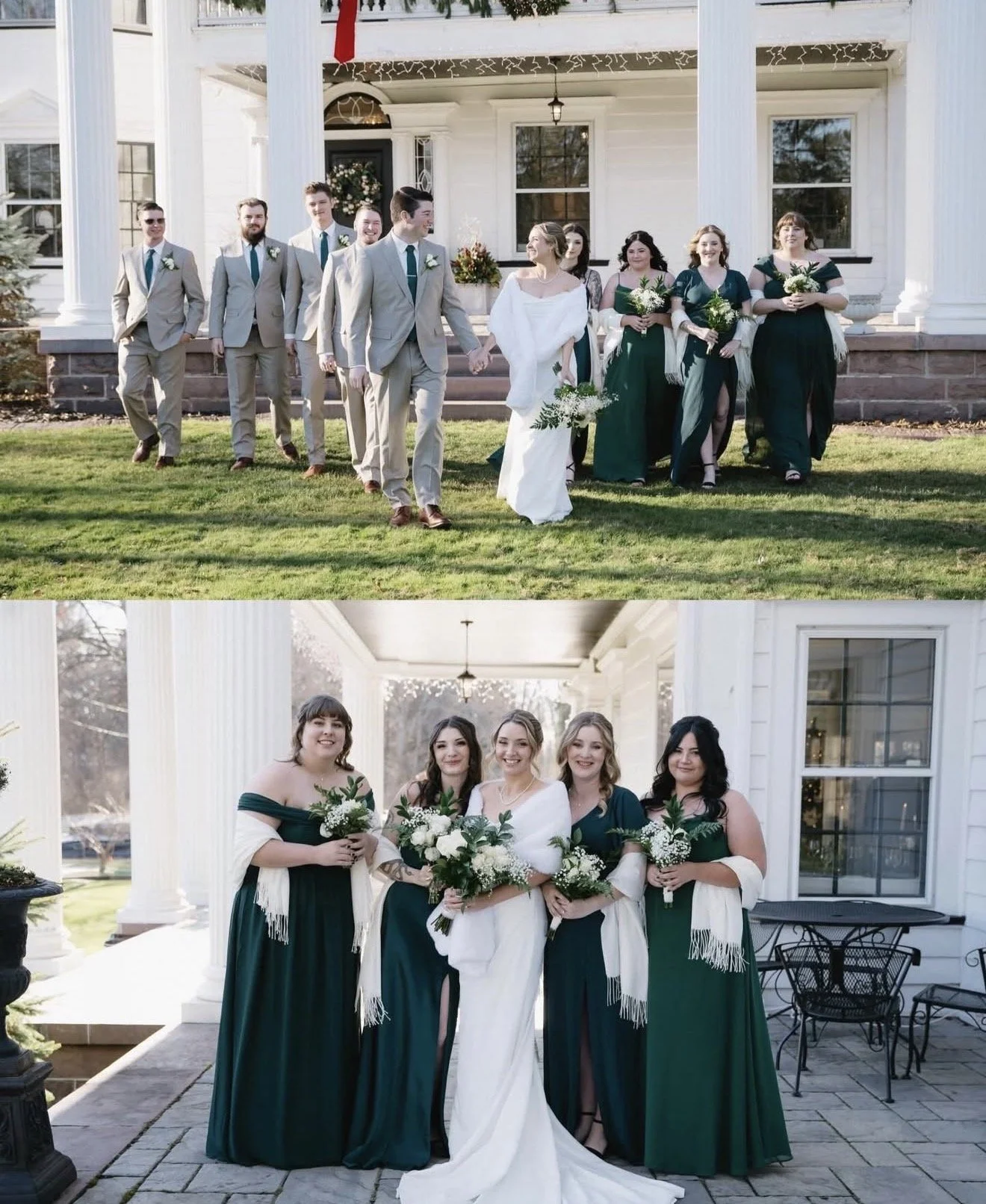 A wedding party with bridesmaids and groomsmen walking and posing outside in front of a house with white columns and porch, during the daytime.