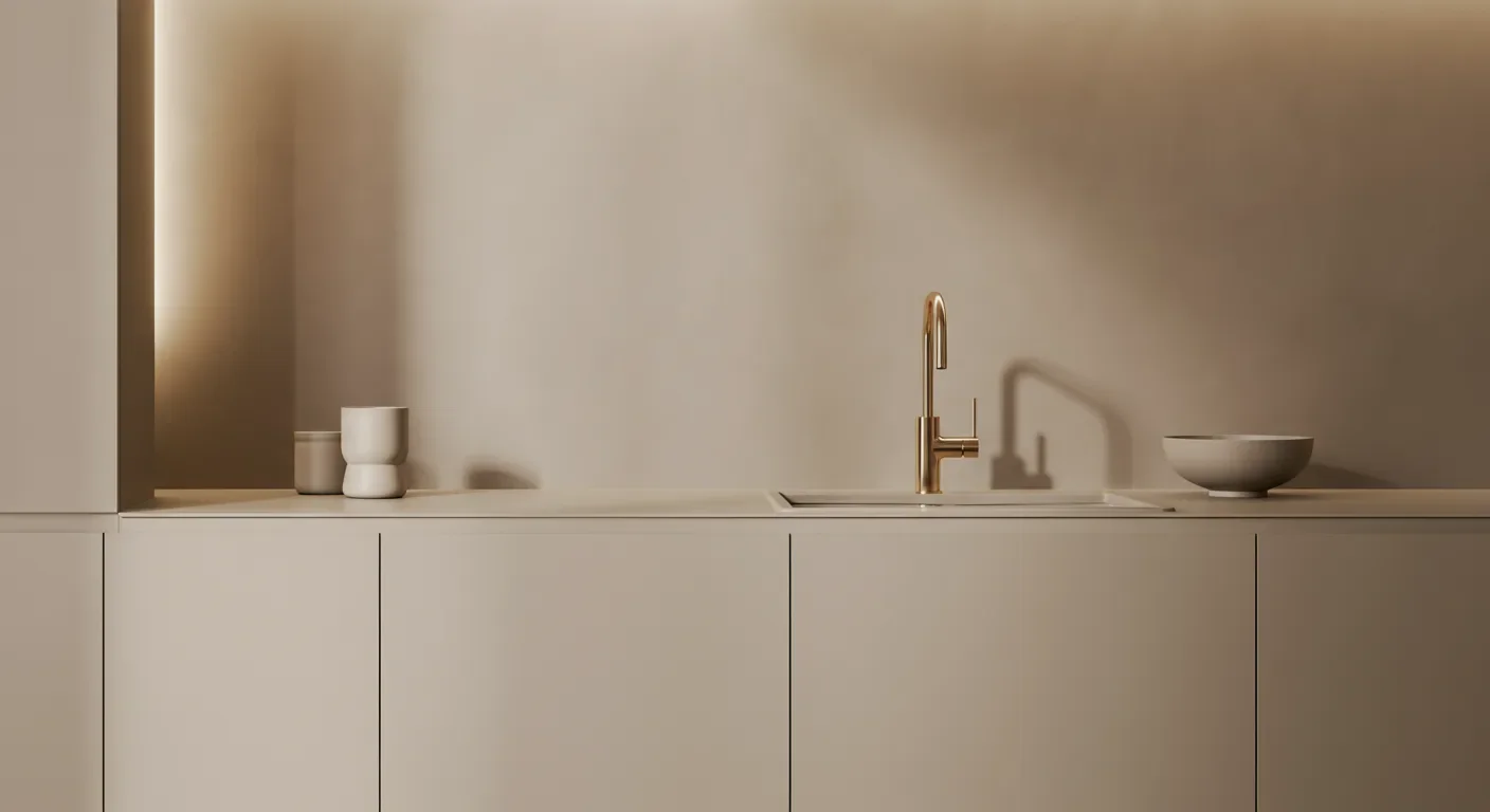 Bronz armatürlü modern minimalist mutfak — Dubai premium off-plan konut detayı