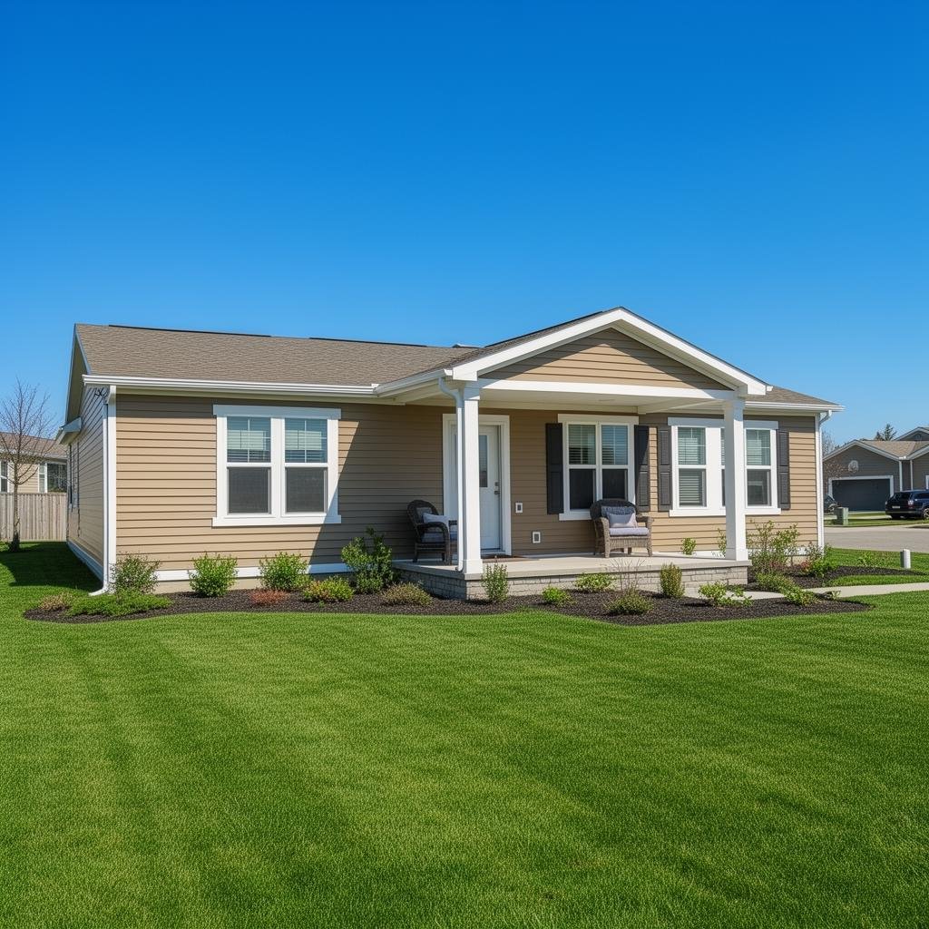 A single-story beige house with white trim and black shutters, featuring a small front porch with seating, surrounded by a well-manicured lawn and landscaping under a clear blue sky.
