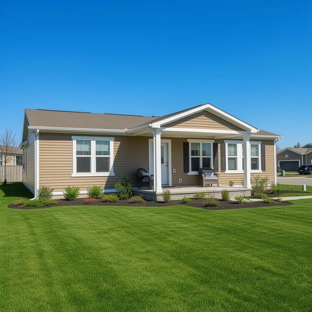 Front view of a beige house with white trim, a small porch with seating, well-maintained lawn, and blue sky.