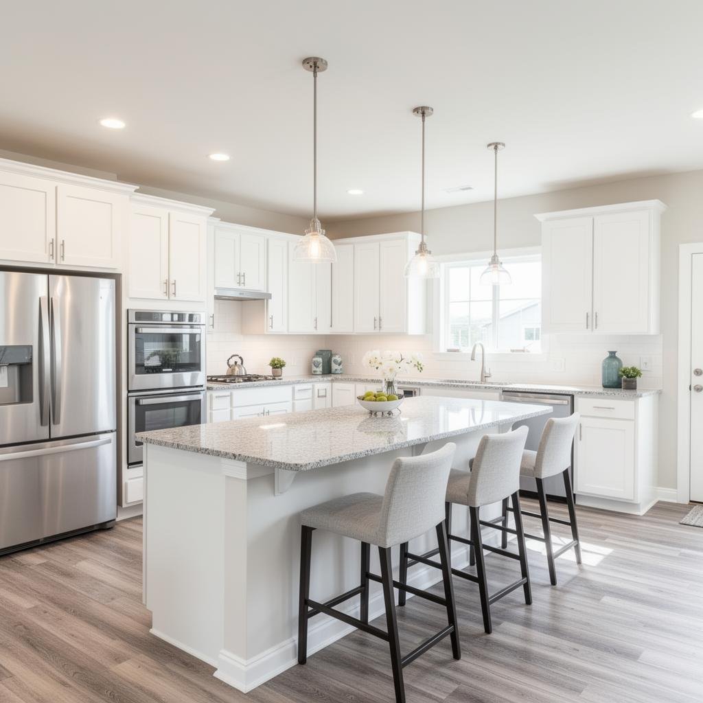 Bright modern kitchen with white cabinets, stainless steel appliances, a large granite island with seating, pendant lights, and a window above the sink.