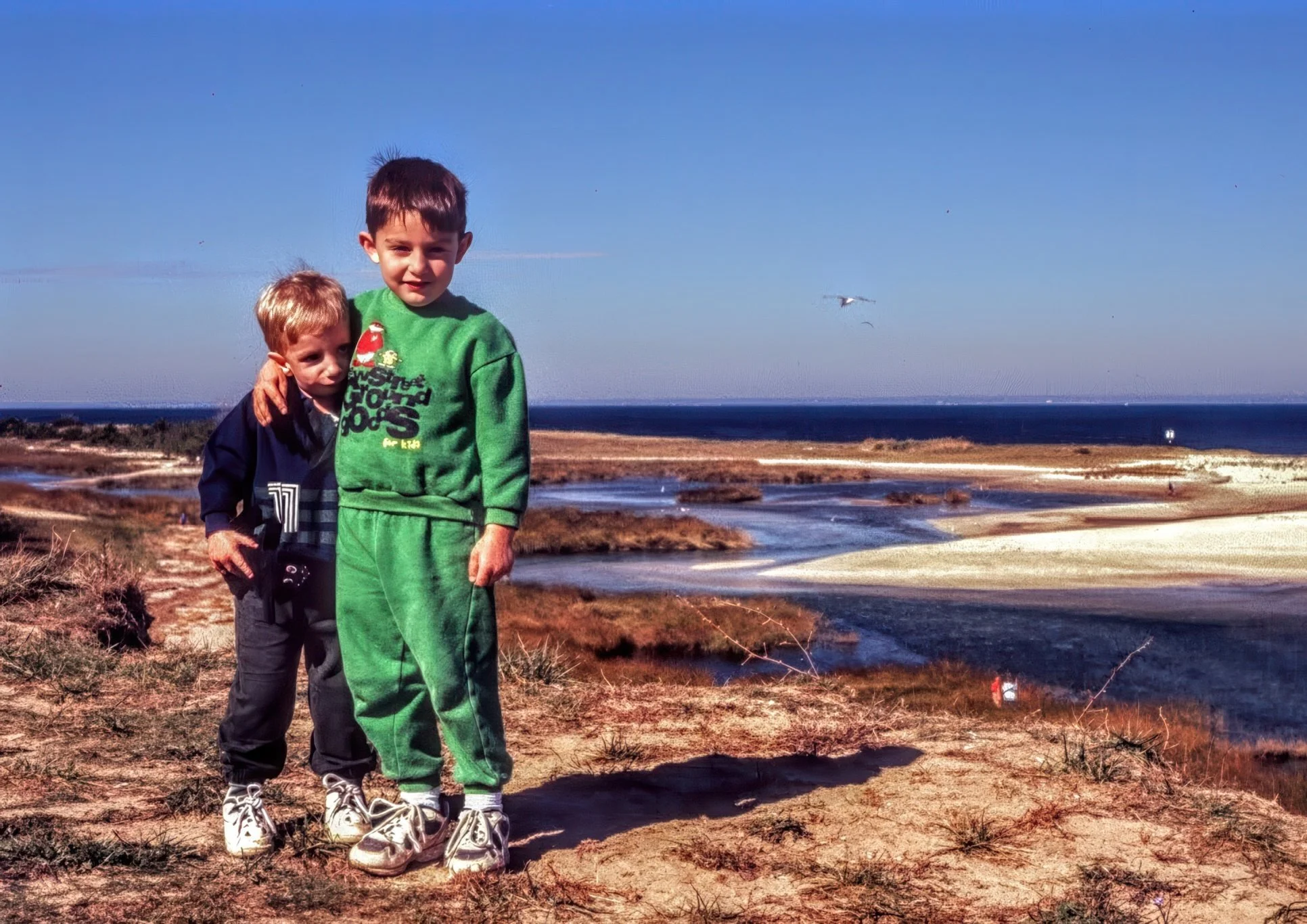 Two young boys standing on a sandy and grassy hill overlooking a tidal marsh with water channels, with the ocean and a blue sky in the background. One boy is wearing a green sweatshirt and green pants, and the other is dressed in dark clothing with a