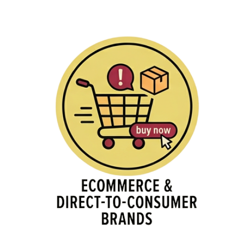 Icon of a shopping cart with a notification bubble, a box, and a "buy now" button, representing e-commerce and direct-to-consumer brands.