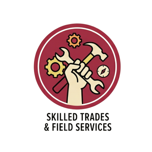 A logo with a hand holding a wrench and hammer, surrounded by gears and a clock, with the text "Skilled Trades & Field Services" underneath.