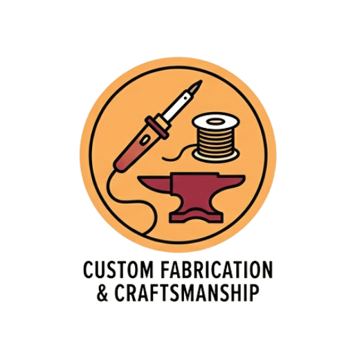 Logo with a soldering iron, spool of wire, and an anvil, with the text "Custom Fabrication & Craftsmanship" underneath.