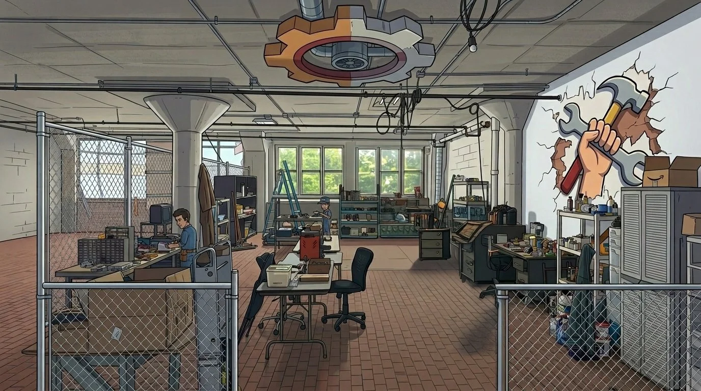 An illustration of a cluttered office or workshop with an exposed ceiling, a fence dividing the space, a large wrench and hammer graphic on the wall, work tables with various tools and boxes, and two people working among the equipment.