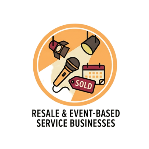 Logo depicting lighting equipment, a microphone, a calendar, and a sold sign with text 'Resale & Event-Based Service Businesses' underneath.