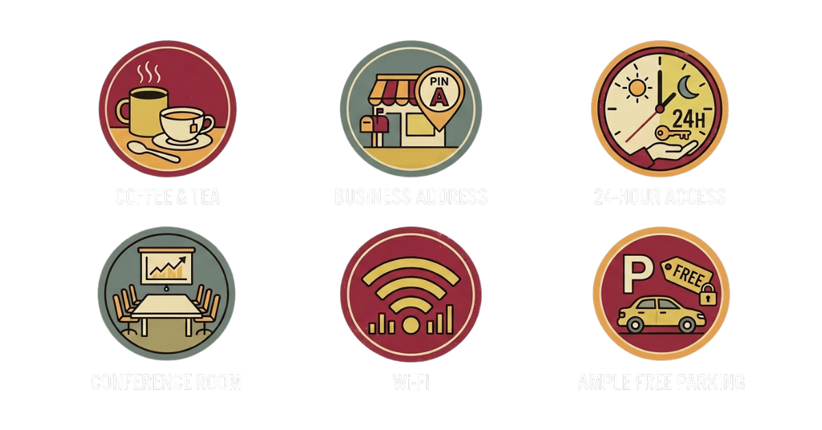 Six icons representing amenities: coffee and tea, business address, 24-hour access, conference room, Wi-Fi, ample free parking.