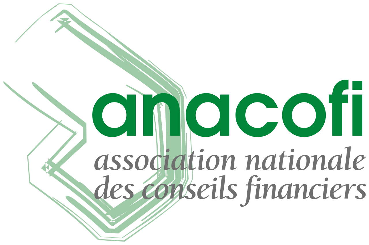 Logo de l'association nationale des conseils financiers avec un symbole de flèche verte en forme de carré stylisé et le texte 'anacofi' en vert, sous-titré 'association nationale des conseils financiers' en gris.