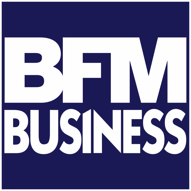 Logo avec le texte "BFM BUSINESS" en blanc sur fond bleu