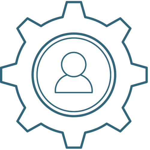 Icône représentant une personne à l'intérieur d'un engrenage, symbolisant la gestion cadrée avec le client au centre de notre système.
