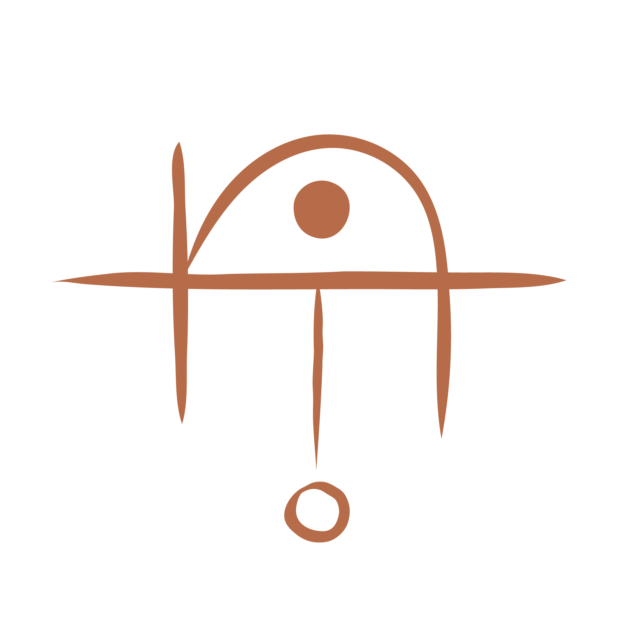 Stylized abstract illustration of an eye with a curved line representing eyelashes and an eye shape, in brown and black colors.