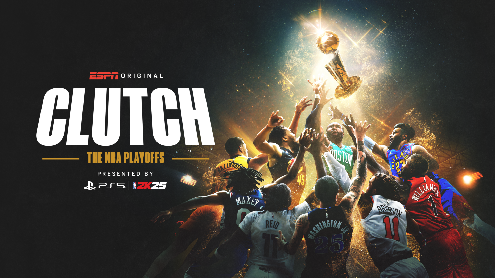 Basketball players from various teams reach for a trophy in a celebratory scene during the NBA playoffs, with a dark background and bright lighting effects.