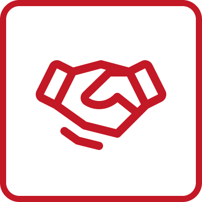 Icon of two hands shaking, symbolizing agreement or partnership, on a black background with a red border.