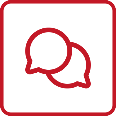 Icon of two overlapping speech bubbles on a black background with a red border