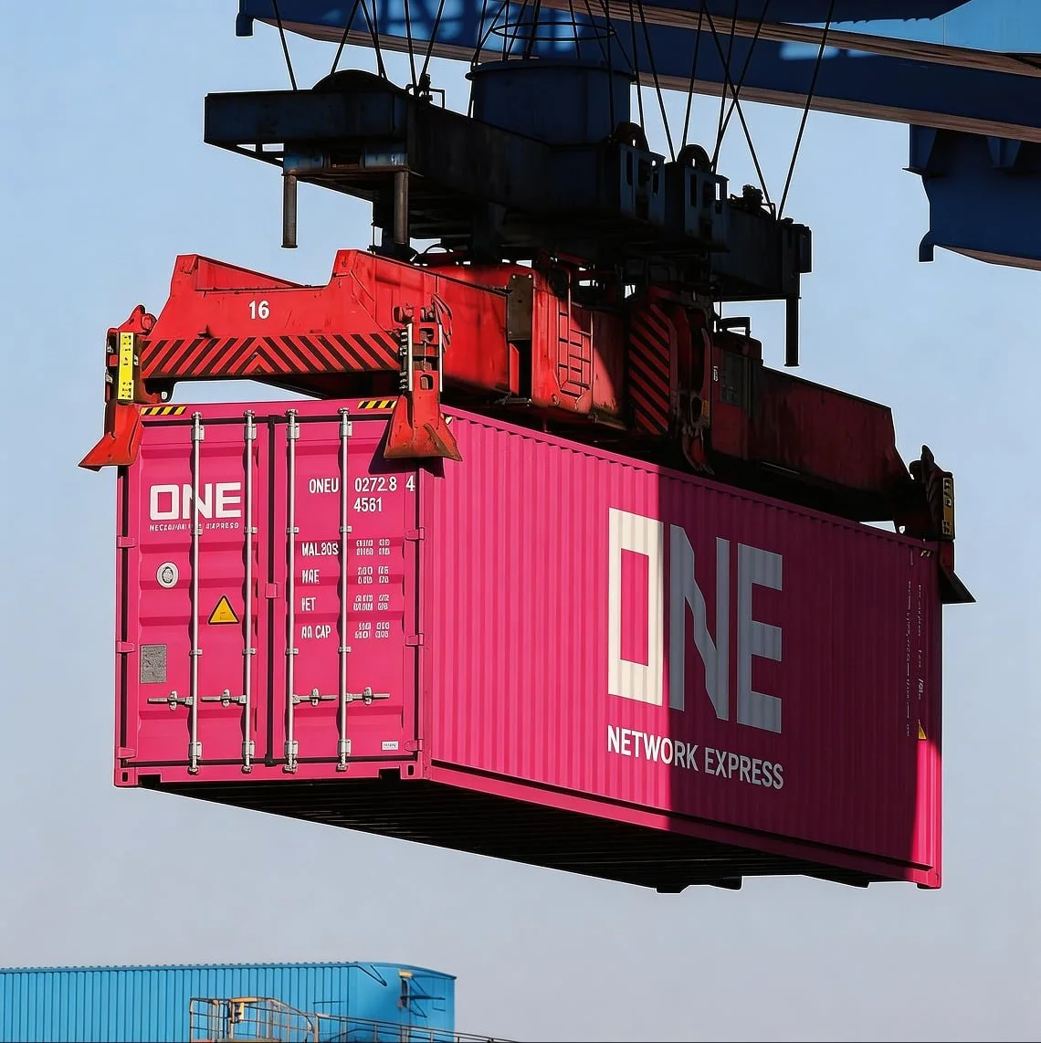 A large pink shipping container with white and gray markings, hanging from a red crane at a port. The container is branded with 'ONE NETWORK EXPRESS.'