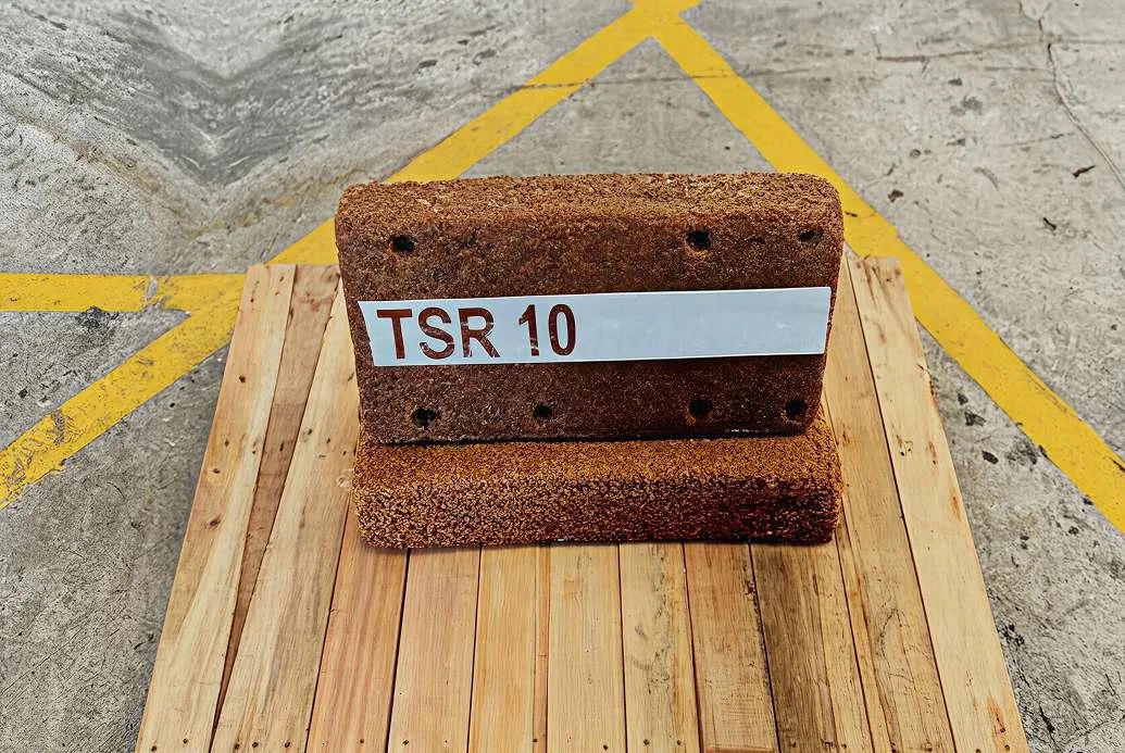 A brown block labeled TSR 10 sits on wooden planks over concrete with yellow painted lines.