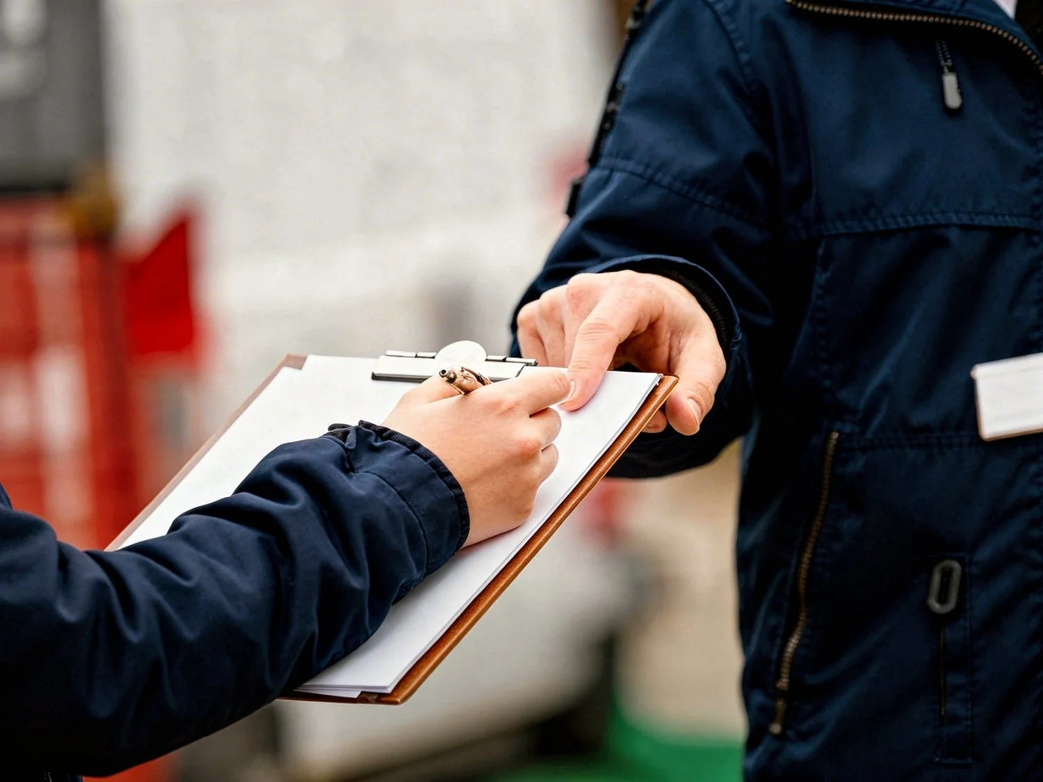 A person filling out a form on a clipboard handed to them by another individual wearing a dark jacket.