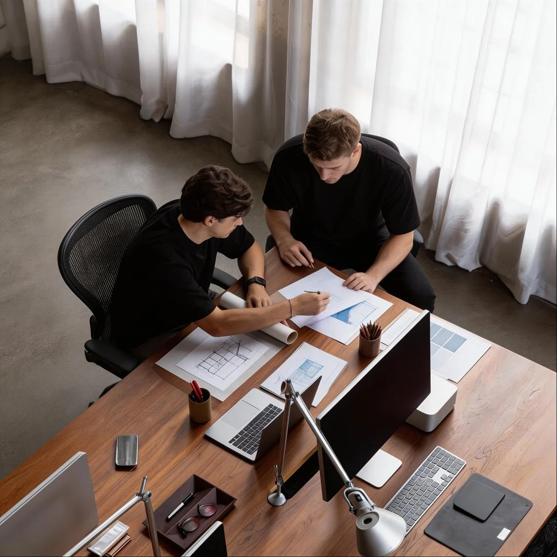 Two men working on architectural plans at a wooden desk in an office with white curtains and computer equipment.