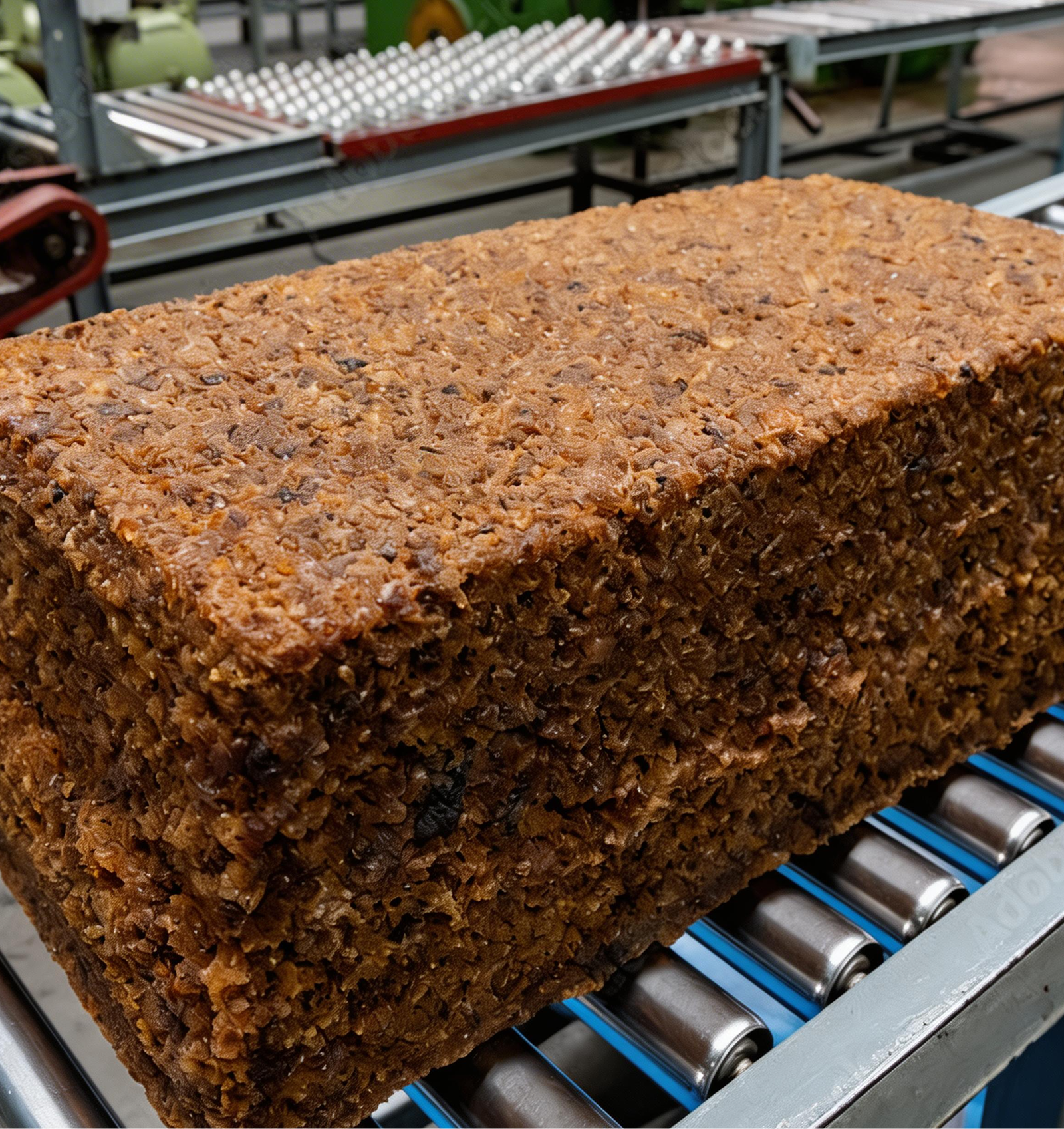 A large rectangular block of granola sits on a conveyor belt in a food processing facility.