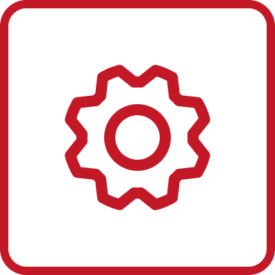 Red gear icon inside a black square with rounded edges and a red border.