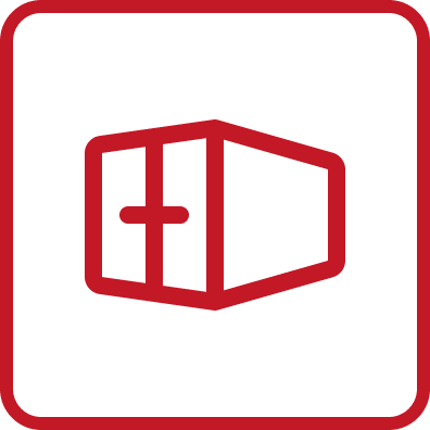 Red and black icon of a Bible with a cross.