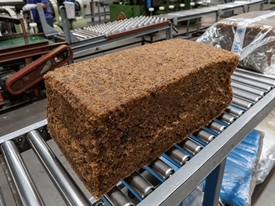 A large rectangular brick of compressed coffee grounds on a conveyor belt in a factory setting.
