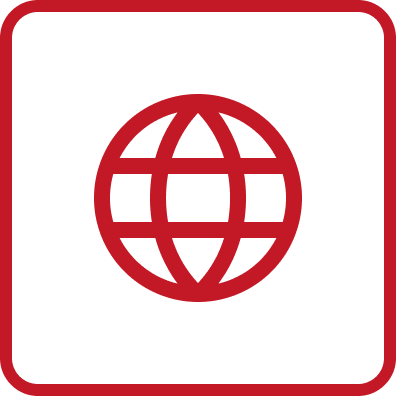 A red globe icon inside a black square with rounded corners.
