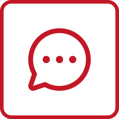 Chat message icon with a red speech bubble containing three dots, on a black background with a red border.