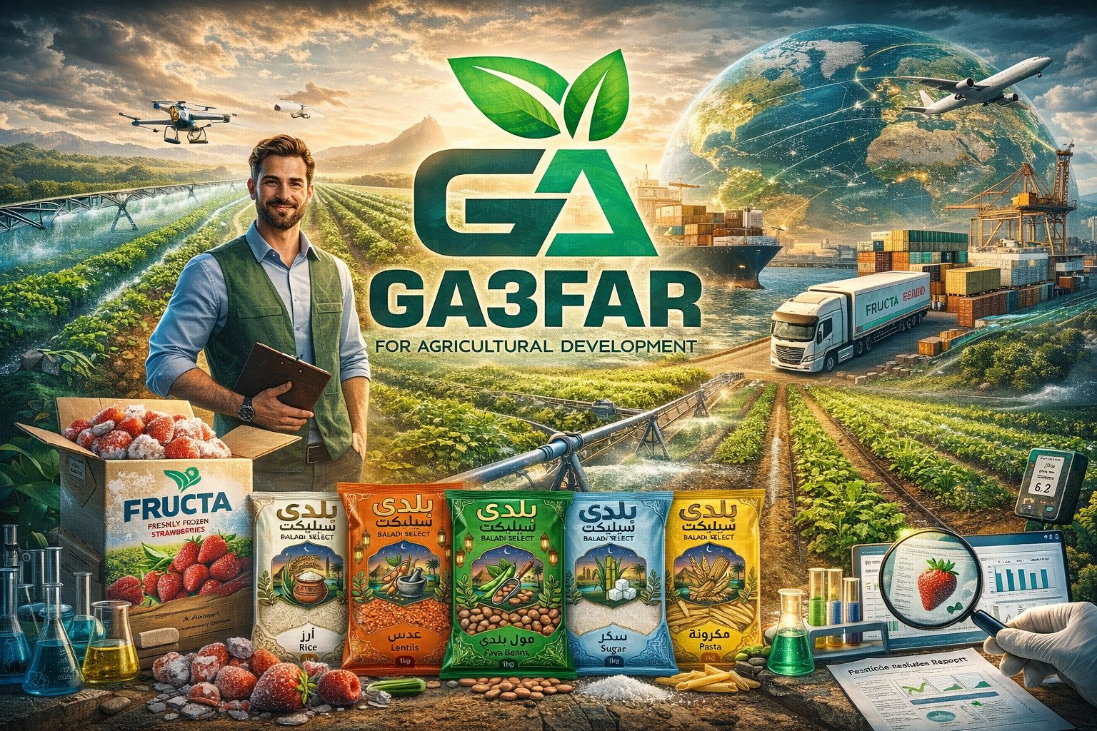 A digital illustration promoting sustainable agricultural development. It features a smiling man holding a clipboard, standing next to a box of frozen strawberries. The background shows a farm with irrigation, crops, and a drone, alongside shipping containers, cargo ships, and airplanes symbolizing global trade. The foreground displays various packaged grains and legumes, scientific equipment, and a magnifying glass examining a strawberry, emphasizing technology and research in agriculture.