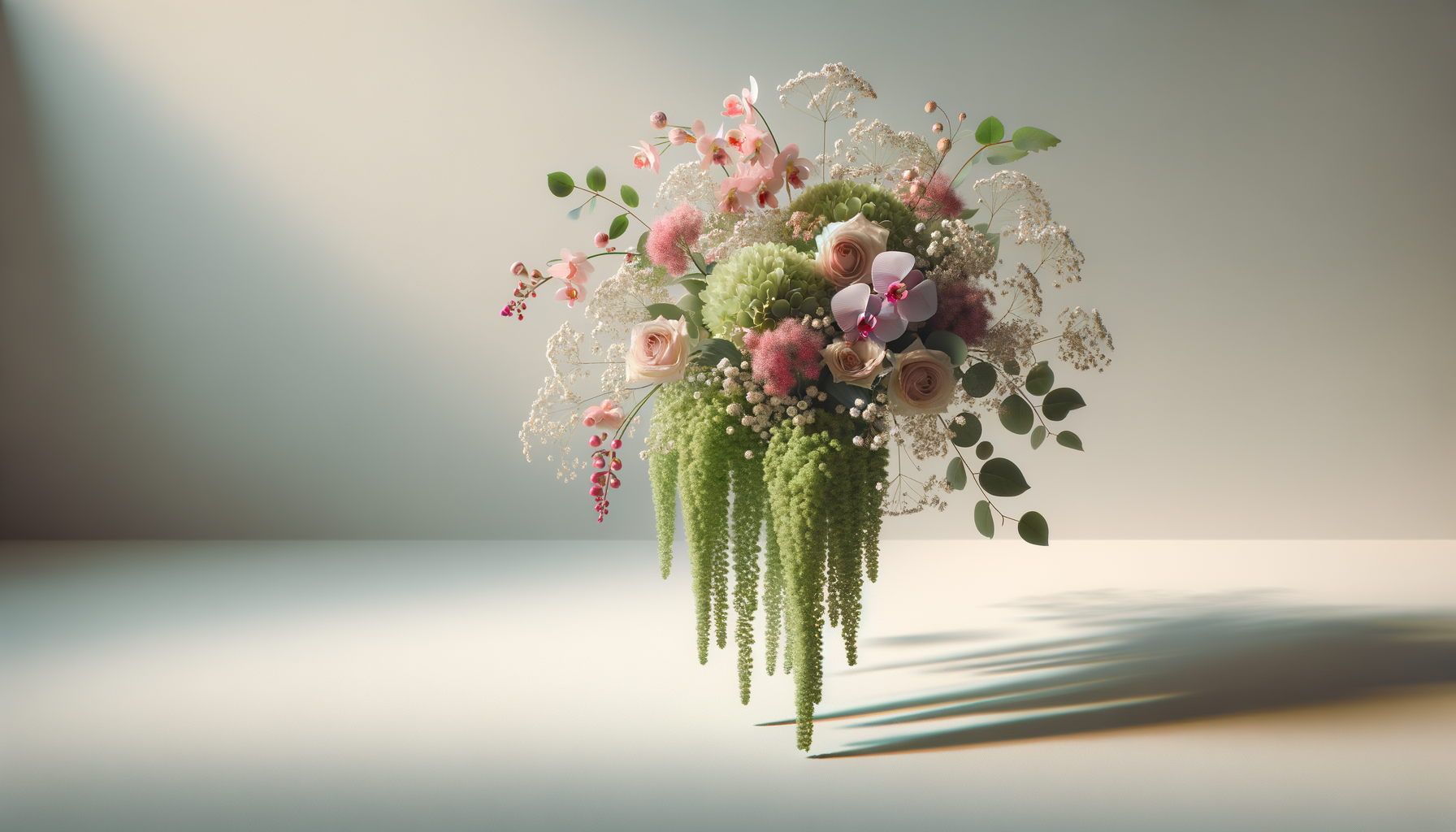 A hanging floral arrangement with pink, white, and green flowers and green foliage, casting a shadow on a light background.
