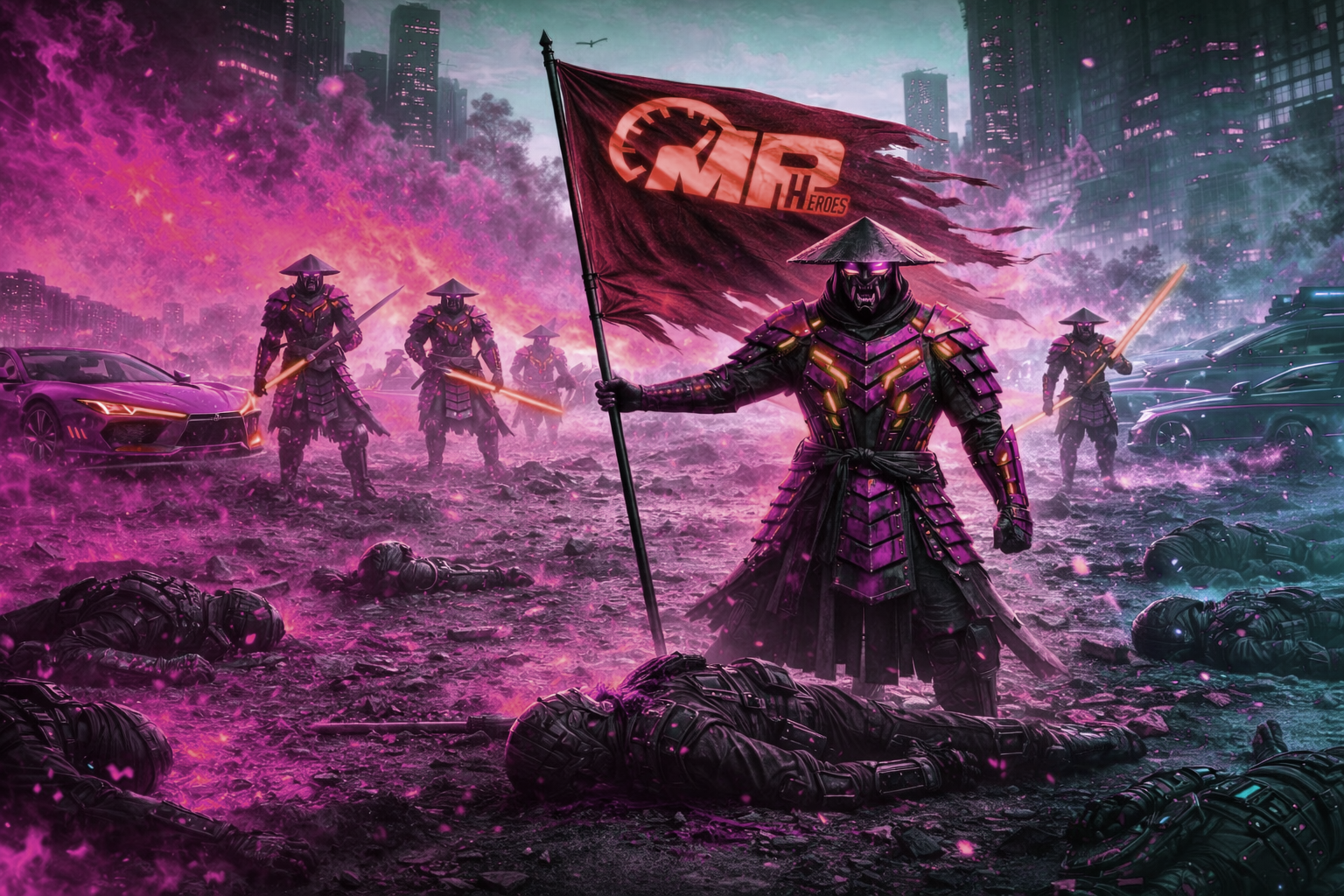 A group of futuristic soldiers dressed in black armor with purple highlights, some holding glowing orange swords, in a war-torn city street with dead bodies, purple smoke, and explosions in the background. The leading soldier holds a large flag with a logo and the words 'MP Heroes'.