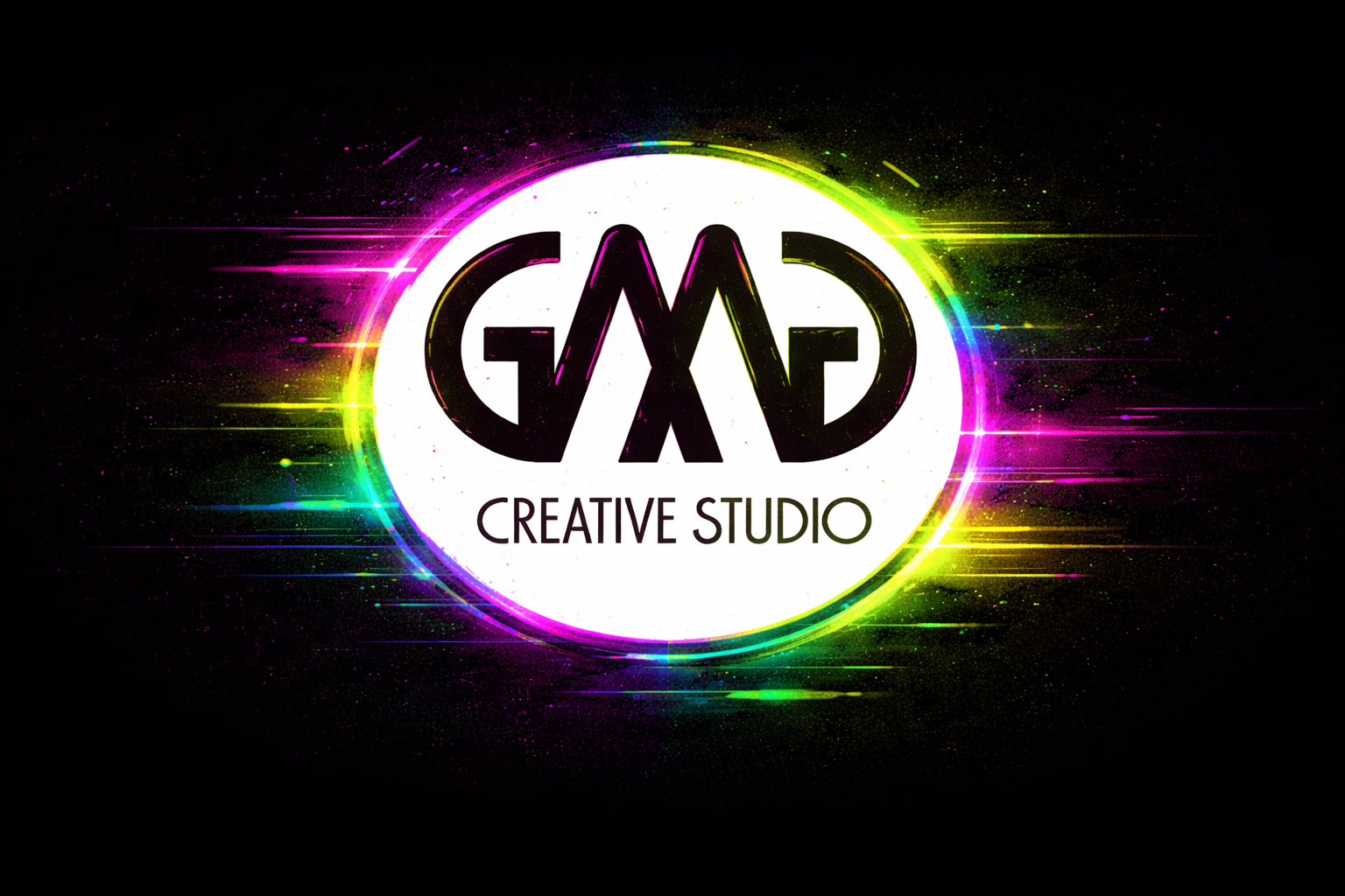 Colorful logo for GAD Creative Studio with neon effects and circular design.