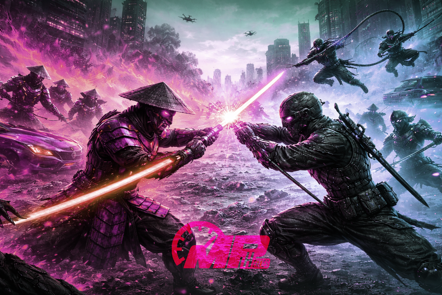Futuristic battle scene with two soldiers fighting with purple energy swords, surrounded by armed soldiers, flying drones, and a chaotic cityscape background with pink and purple sky.