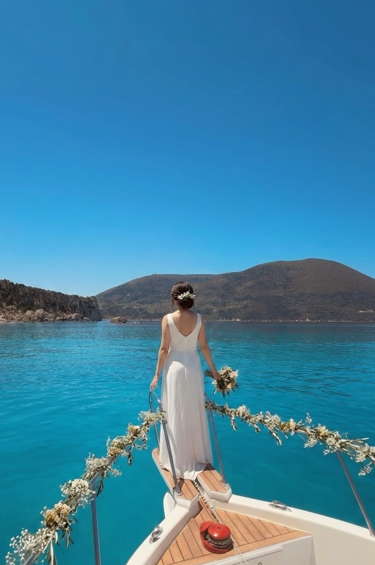 Woman in a white dress with a floral headpiece standing at the bow of a boat decorated with flowers, looking at the water and distant hills under a clear blue sky.