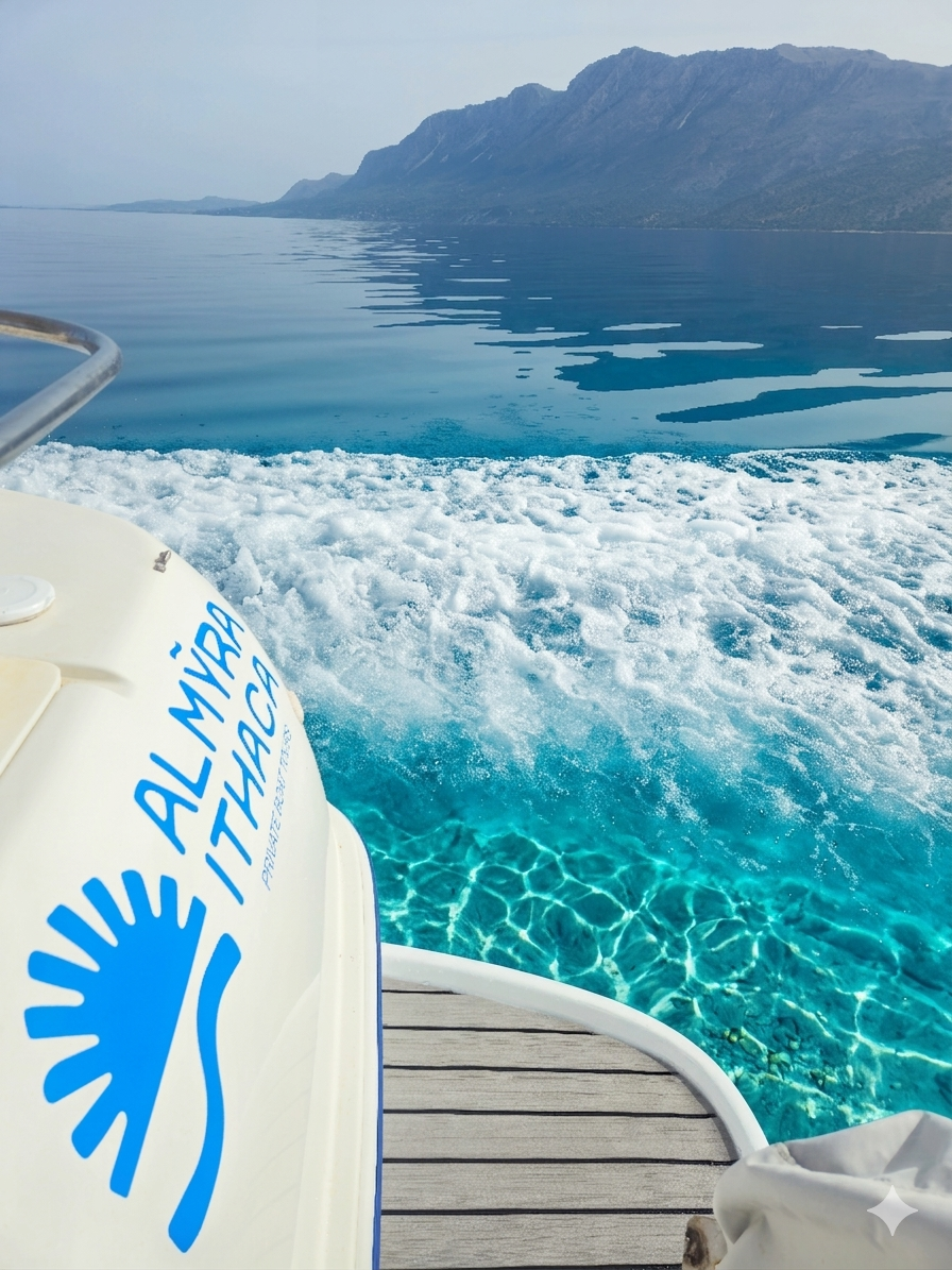 View from a boat showing clear blue water with mountain landscape in the background, and part of the boat with a blue and white logo reading 'AL MIRAH TAHAA' in the foreground.
