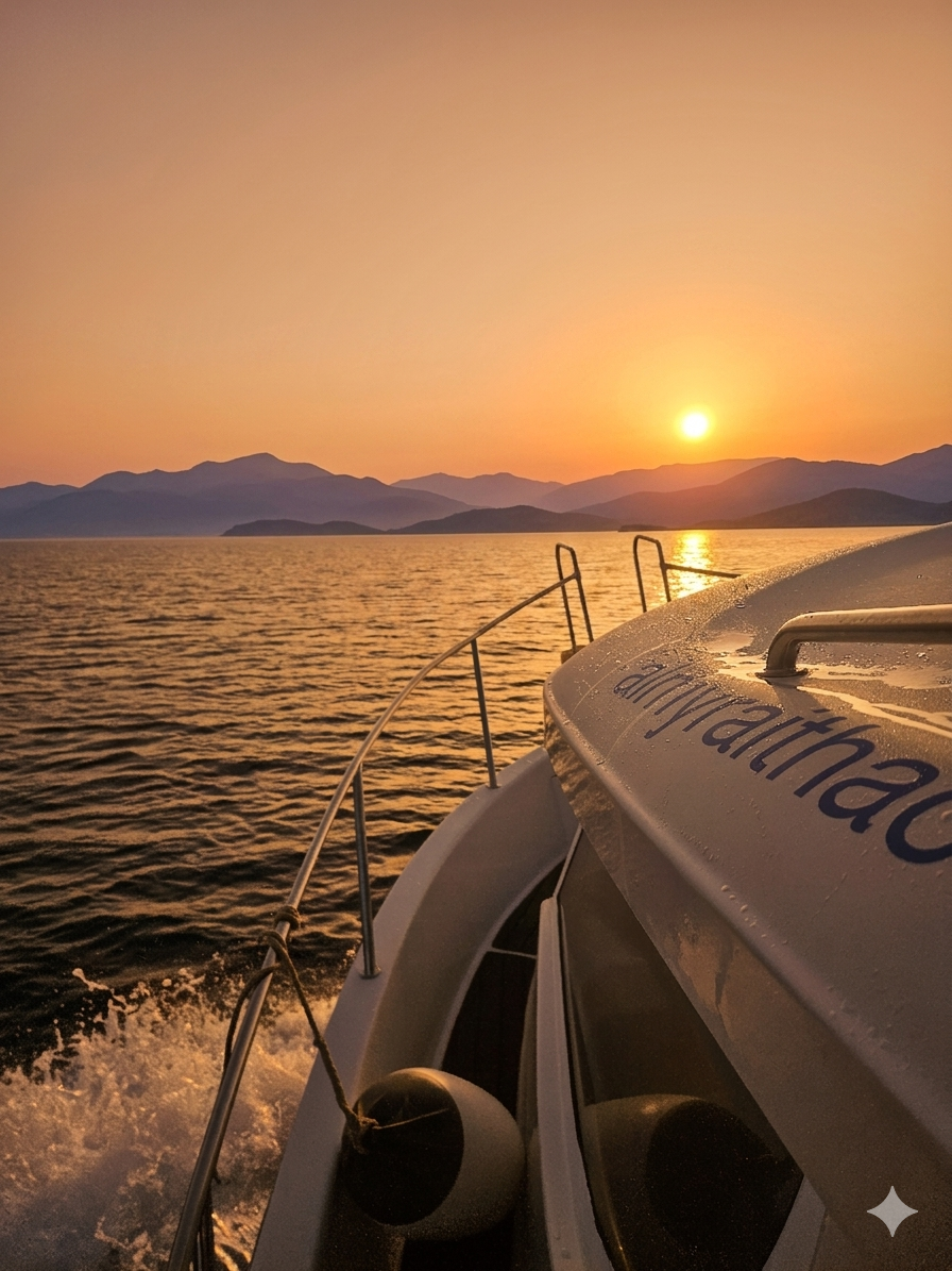 Romantic private boat sunset cruise at Afales Bay with golden hour views in Ithaca, Greece