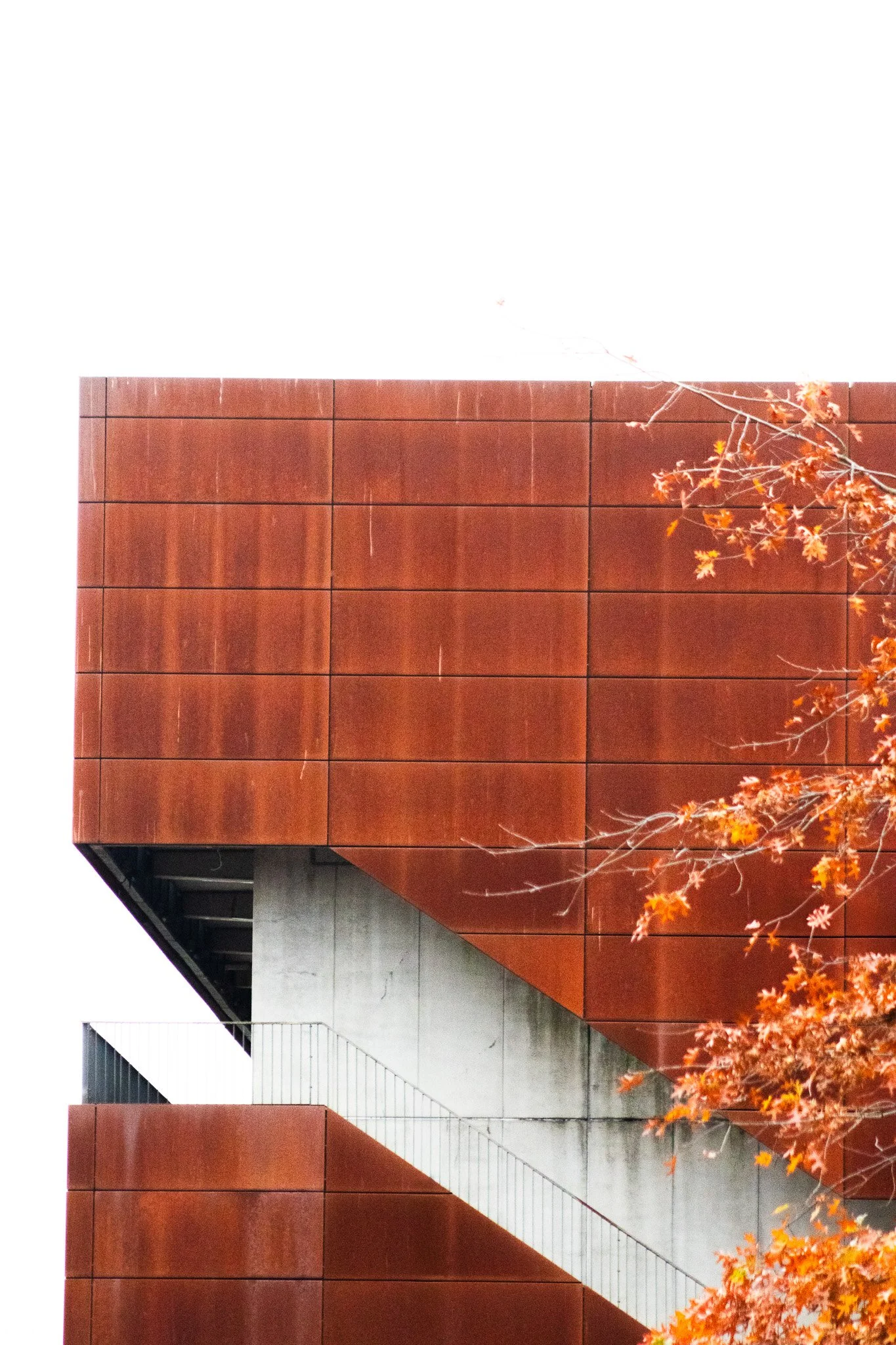Modern building with rusty red panels and concrete staircase, with orange autumn leaves in the foreground.