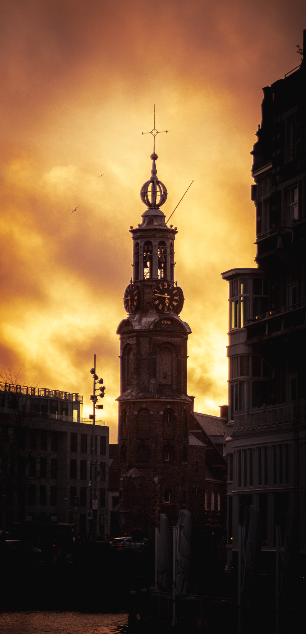 Clock tower with a weather vane on top, illuminated by a golden sunset sky, with surrounding buildings and trees.