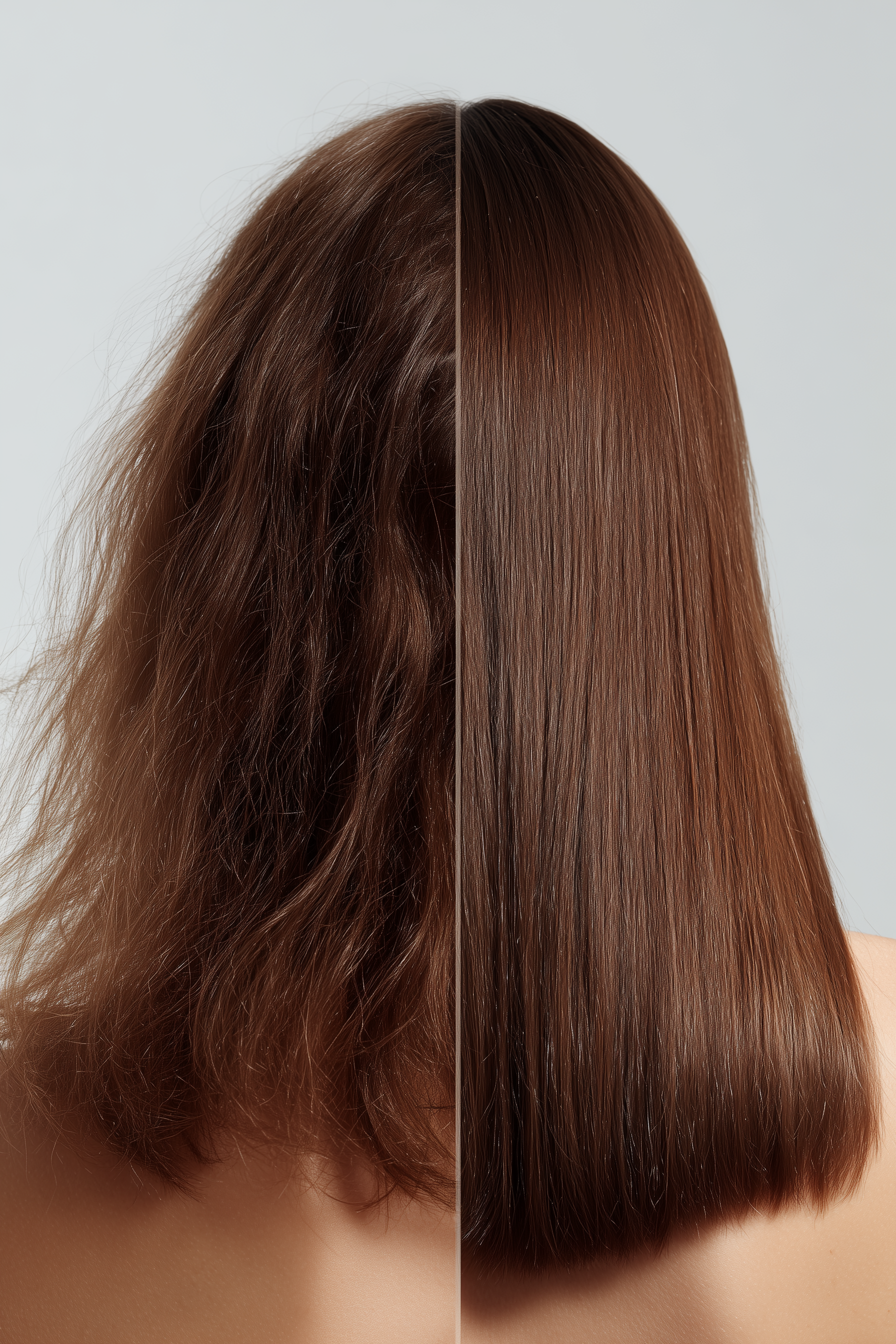 Side-by-side comparison of two hair textures, showing messy, wavy hair on the left and smooth, straight hair on the right, both of medium length and brown color.