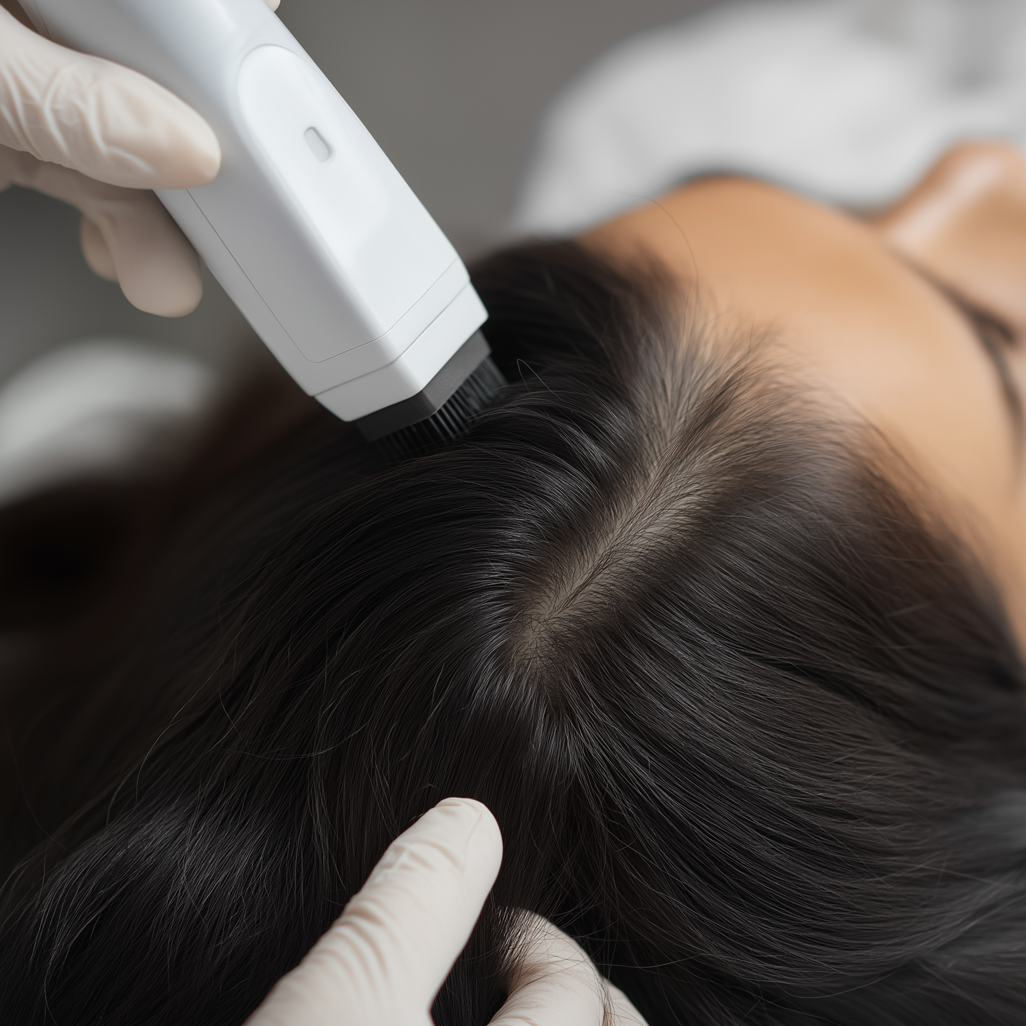 Close-up of a person receiving a scalp scan with a handheld device, lying down with long dark hair parted to expose the scalp.