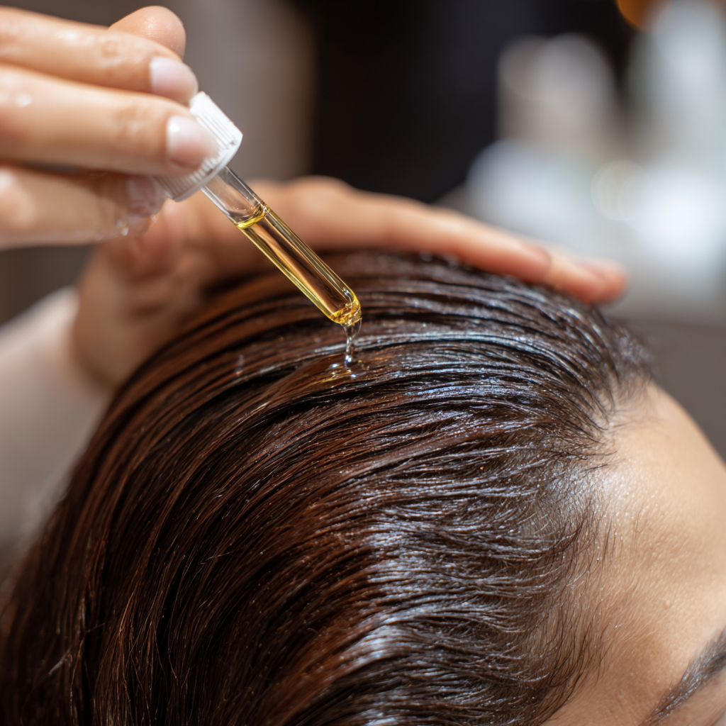 A person applying hair treatment with a dropper on their wet, dark hair in a salon or spa setting.