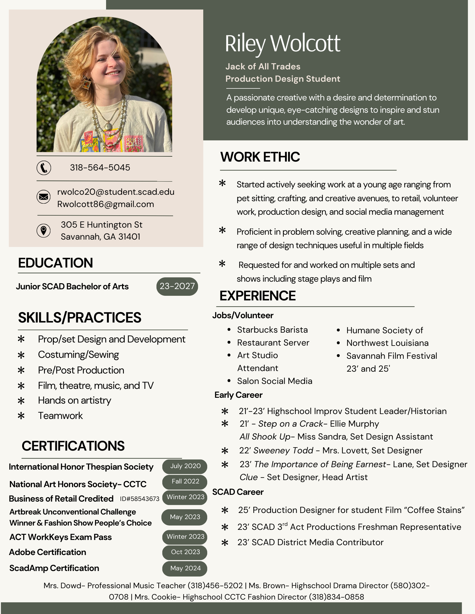 A resume belonging to Riley Wolcott, featuring a portrait photo of Riley with blonde hair and colorful earrings, personal contact information, education history, skills, work experience, certifications, and contact details for teachers and directors.