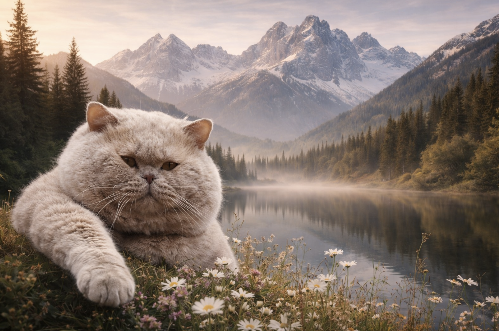 A large, fluffy, light-colored cat lying among flowers by a mountain lake, with snow-capped mountains and evergreen trees in the background during sunrise.