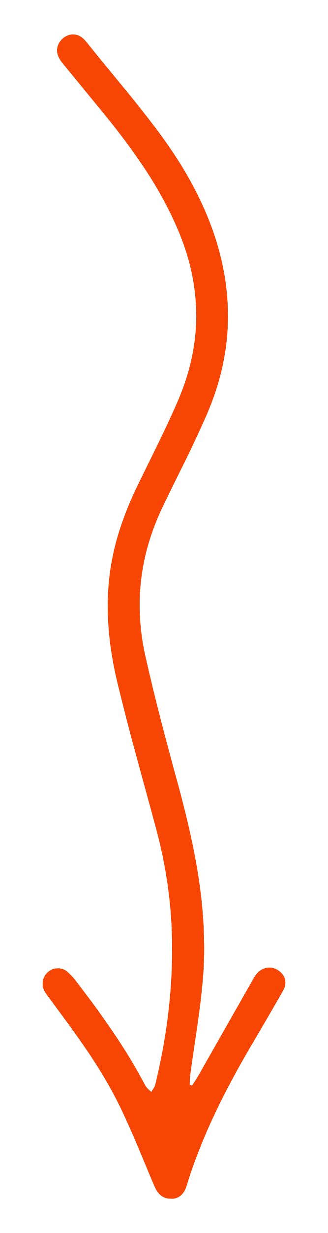 Red downward arrow with a curved line on a black background.