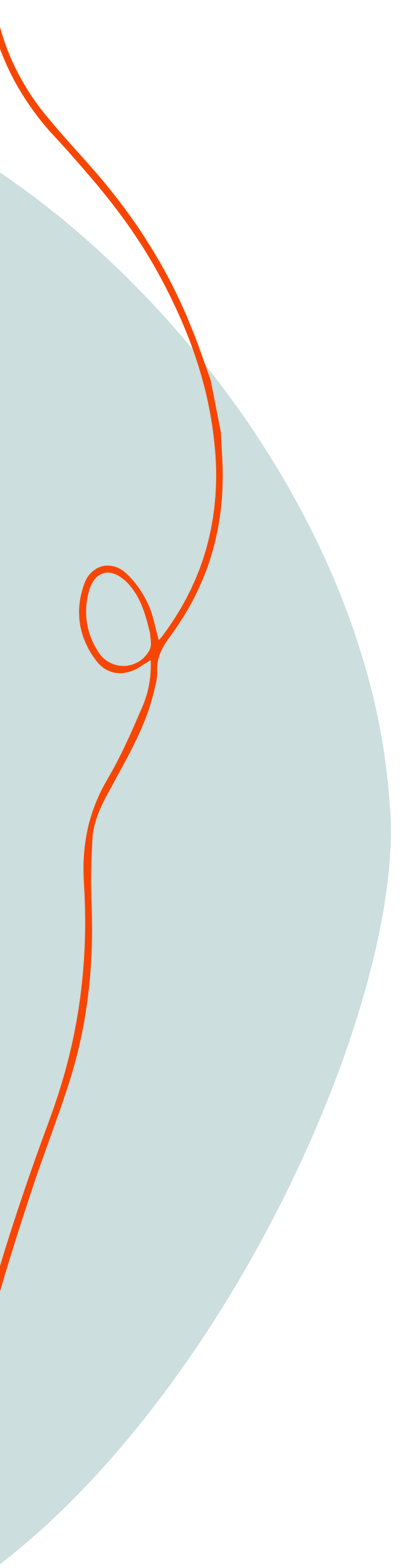 A light blue quarter circle with a curved orange line that loops and twists, set against a black background.