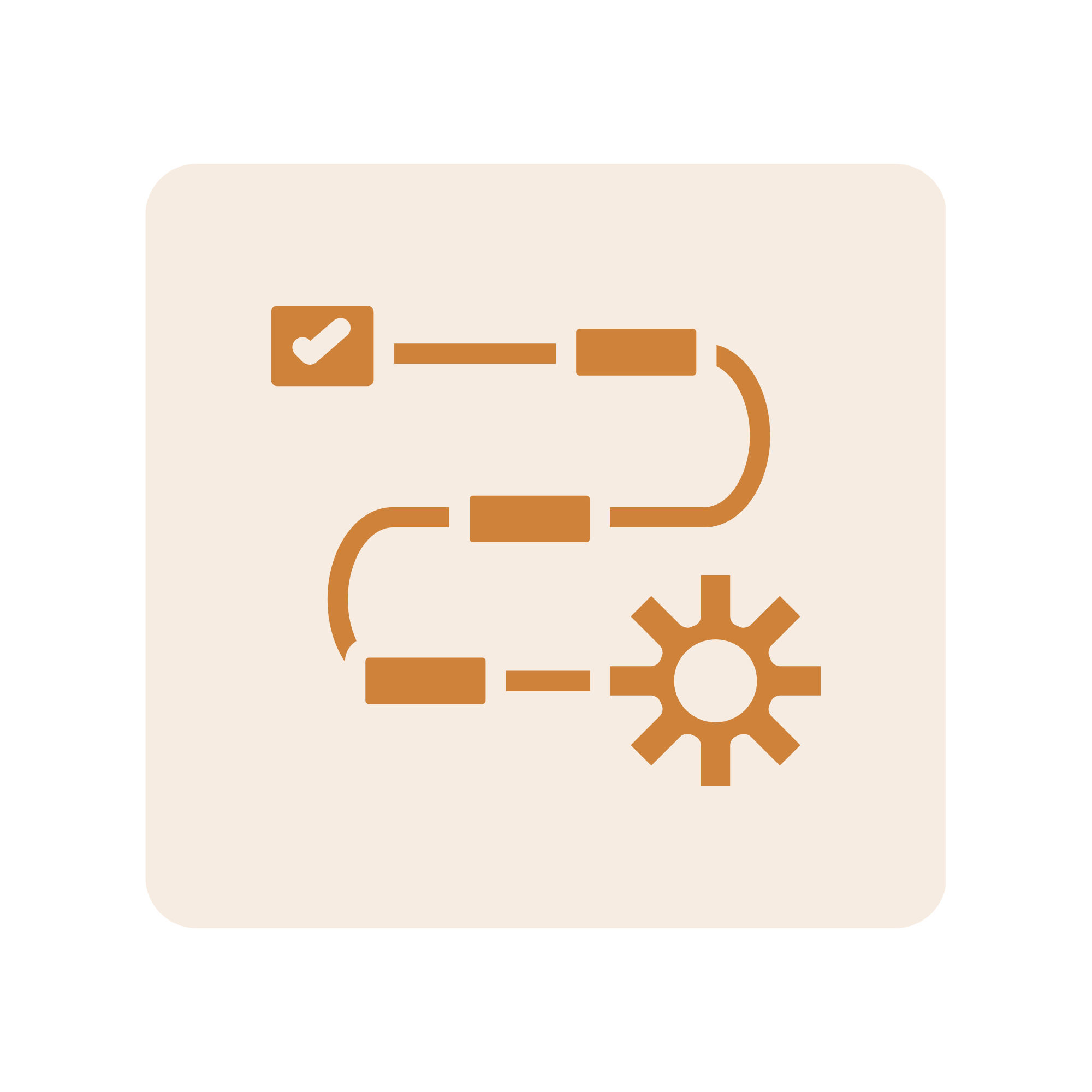 An orange square with various icons and check marks representing different features or options.