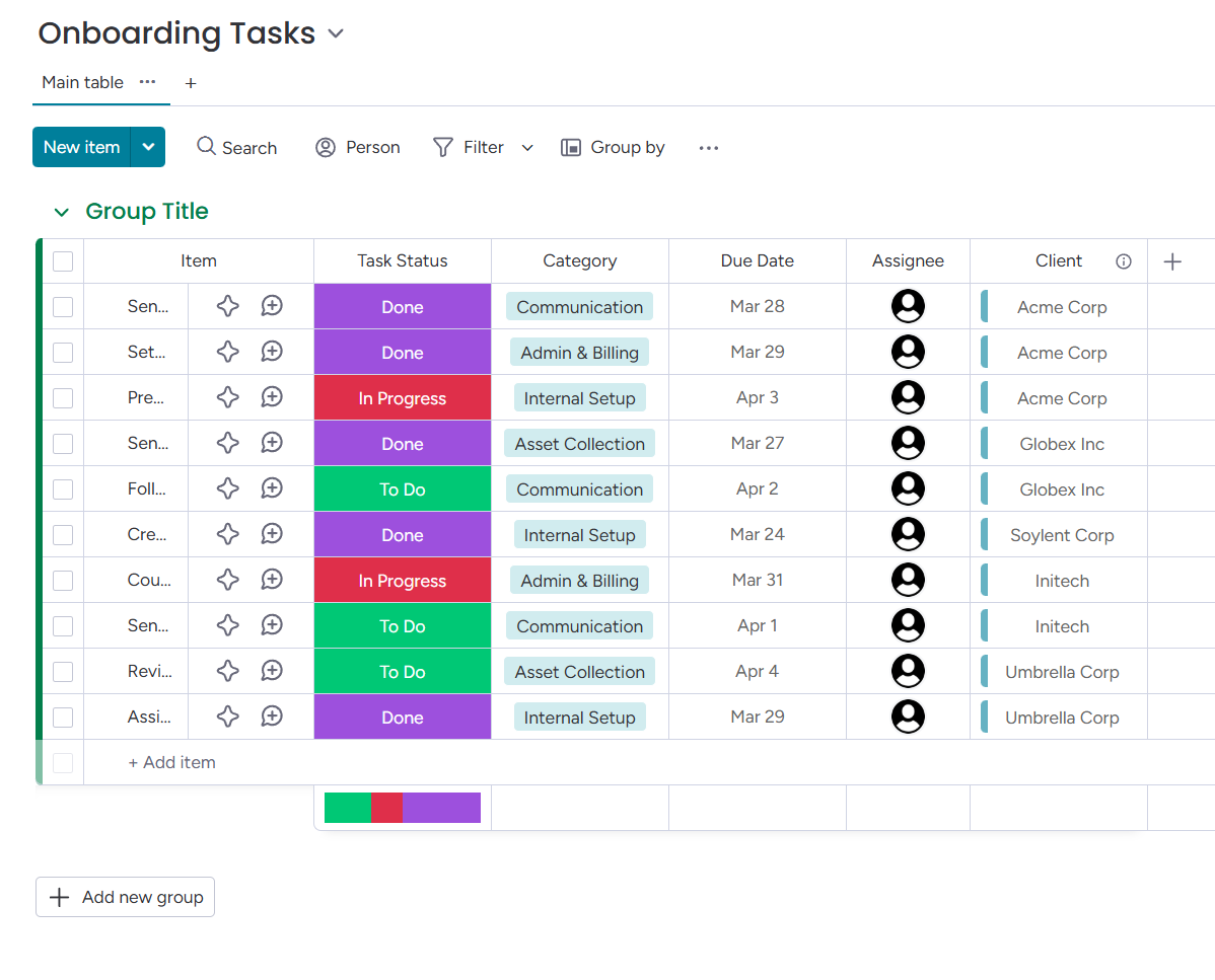 Task board for managing onboarding action items by status, deadline, assignee, category, and client.