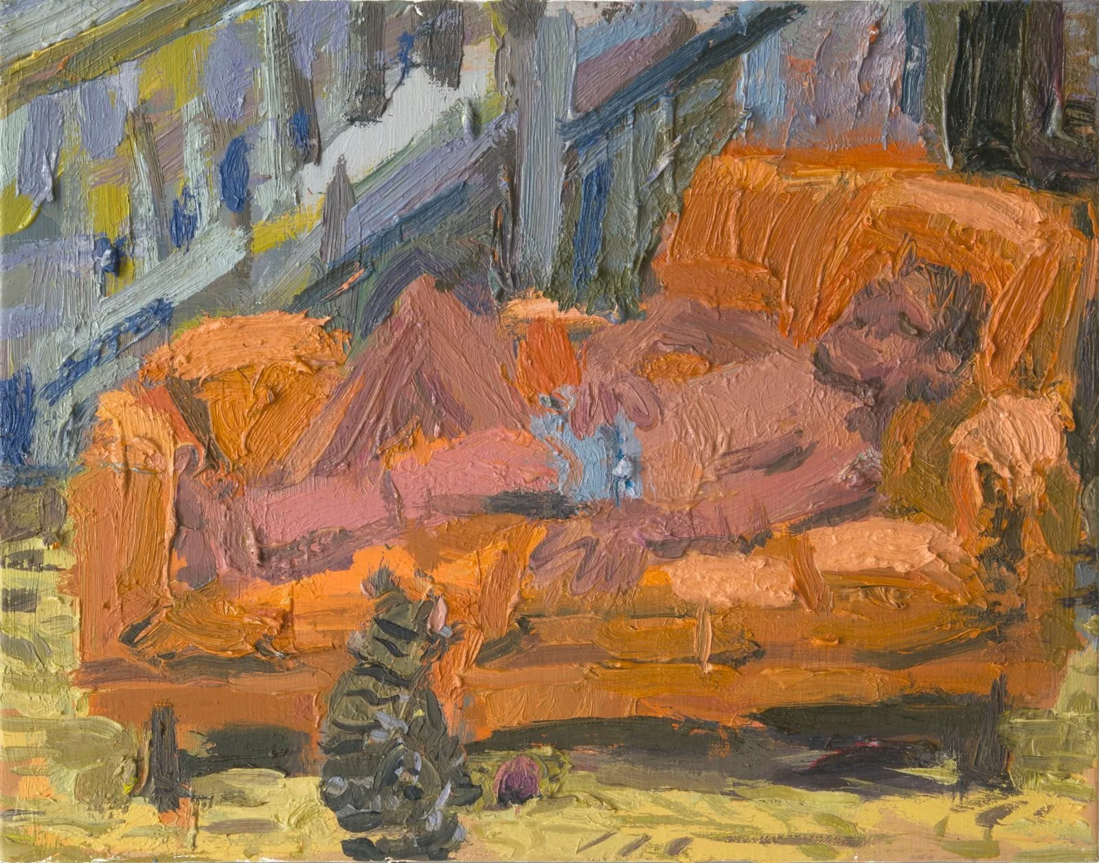 Todd Bienvenu,  Man on couch with cat , 2022, Oil on canvas, 28 x 36 cm